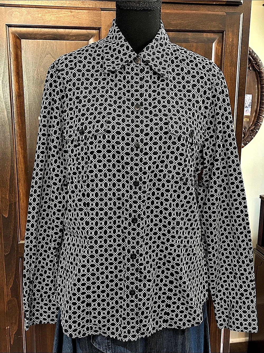Anne Klein Women's Geometric Black White Cotton Button Down Shirt Size 14